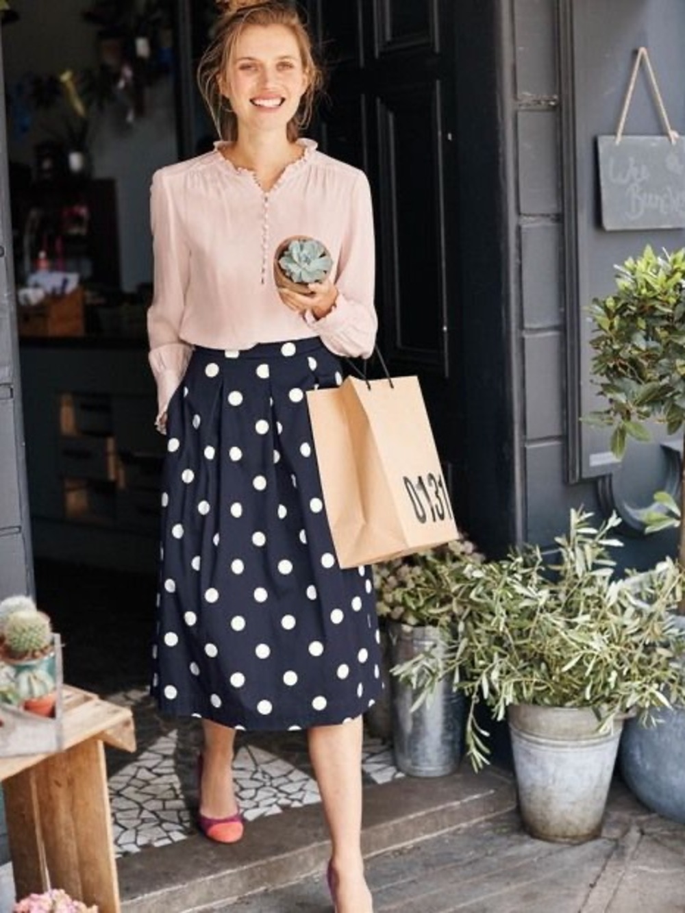 Boden Lola Black and Pink Polka Dot Midi Skirt Size 2